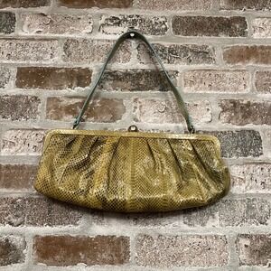 Francesco Biasia Olive Green Snakeskin Clutch Rhinestone Kiss Lock Golden‎